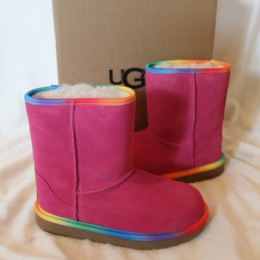 UGG Kids Pink Rainbow Trim Sheepskin Boots